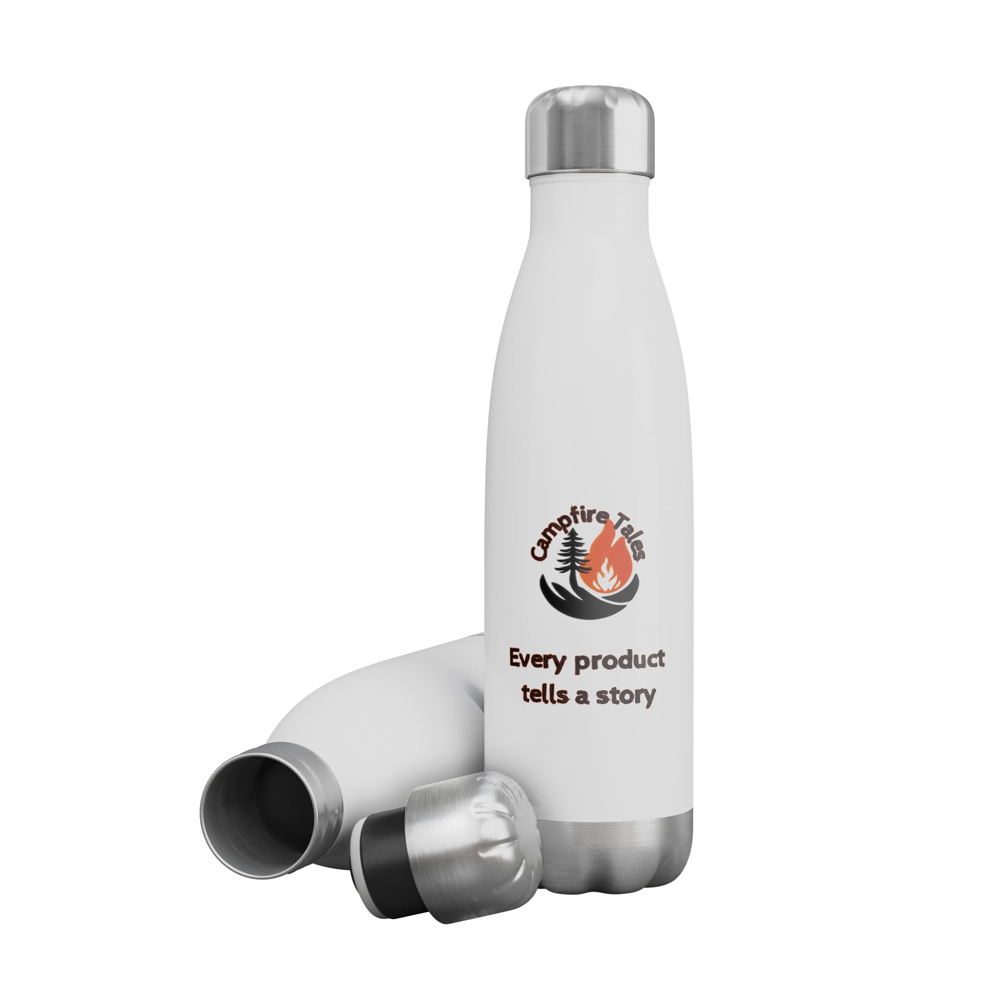 20 oz insulated stainless steel water bottle with logo and ‘Every product tells a story’ text – eco-friendly, spill-proof, durable, and keeps drinks cold