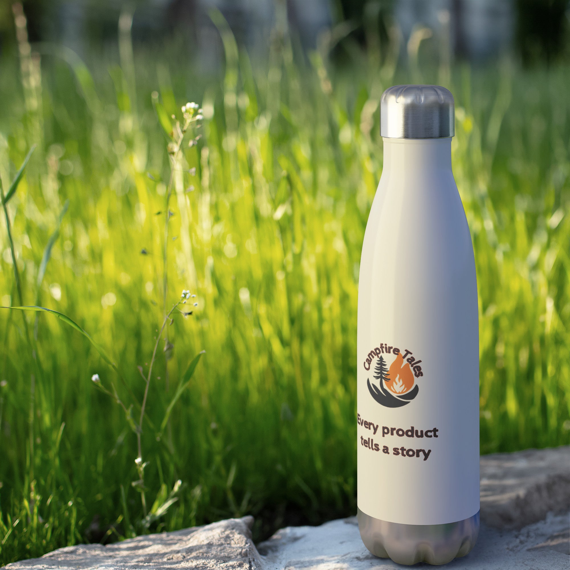 20 oz insulated stainless steel water bottle on stone near long grass, with logo and ‘Every product tells a story’ text – eco-friendly, perfect for outdoor adventures, and keeps drinks cold.