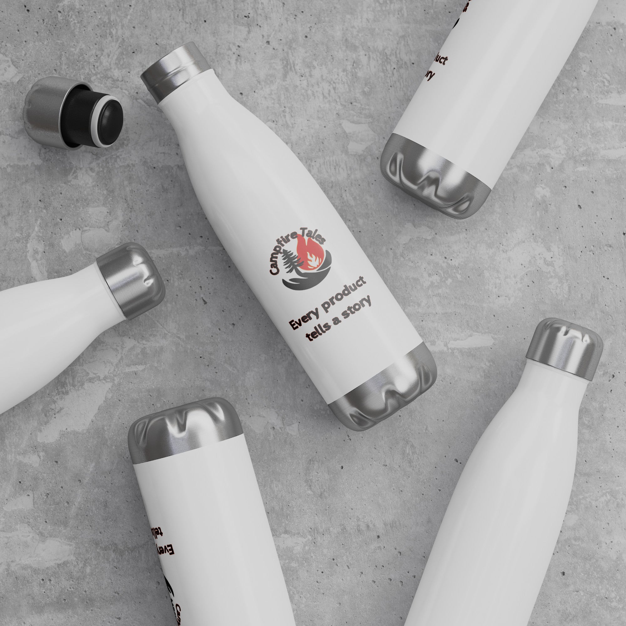 Five 20 oz insulated stainless steel water bottles on a counter, featuring logo and ‘Every product tells a story’ text – spill-proof, durable, and ideal for home or office use.”
Details: The counter setting suggests a home or office vibe, so this highlights the bottles’ spill-proof and sturdy features, perfect for daily use in familiar spaces.