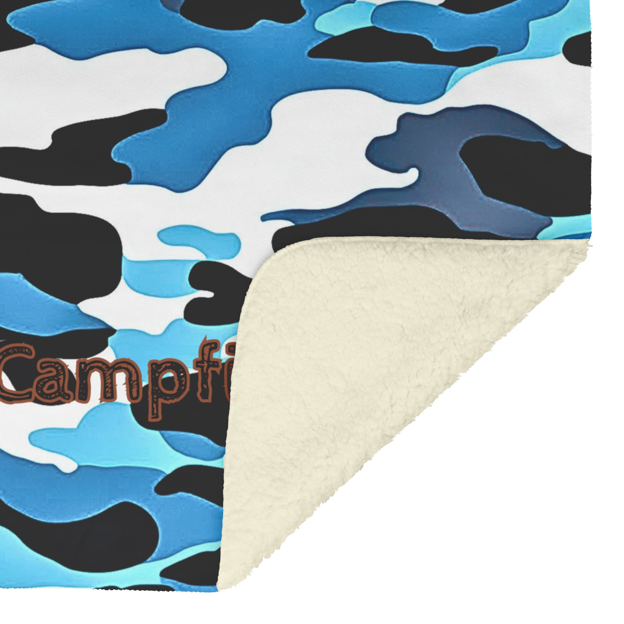 Cozy black, blue and white camo sherpa fleece blanket – semi-weighted for extra comfort and anxiety relief, perfect for cold nights or snuggling in. With corner flipped up showing the fleece side.