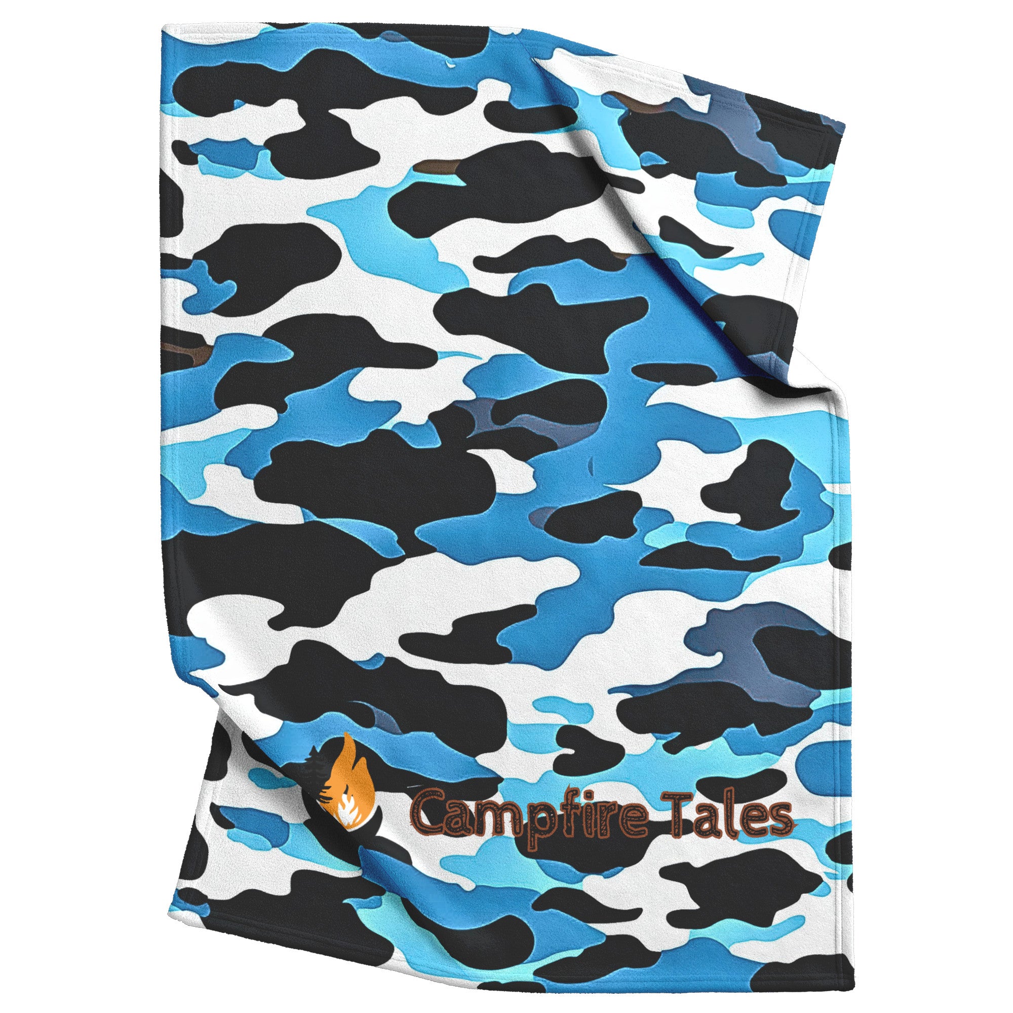 Cozy black, blue and white camo sherpa fleece blanket – semi-weighted for extra comfort and anxiety relief, perfect for cold nights or snuggling in. 