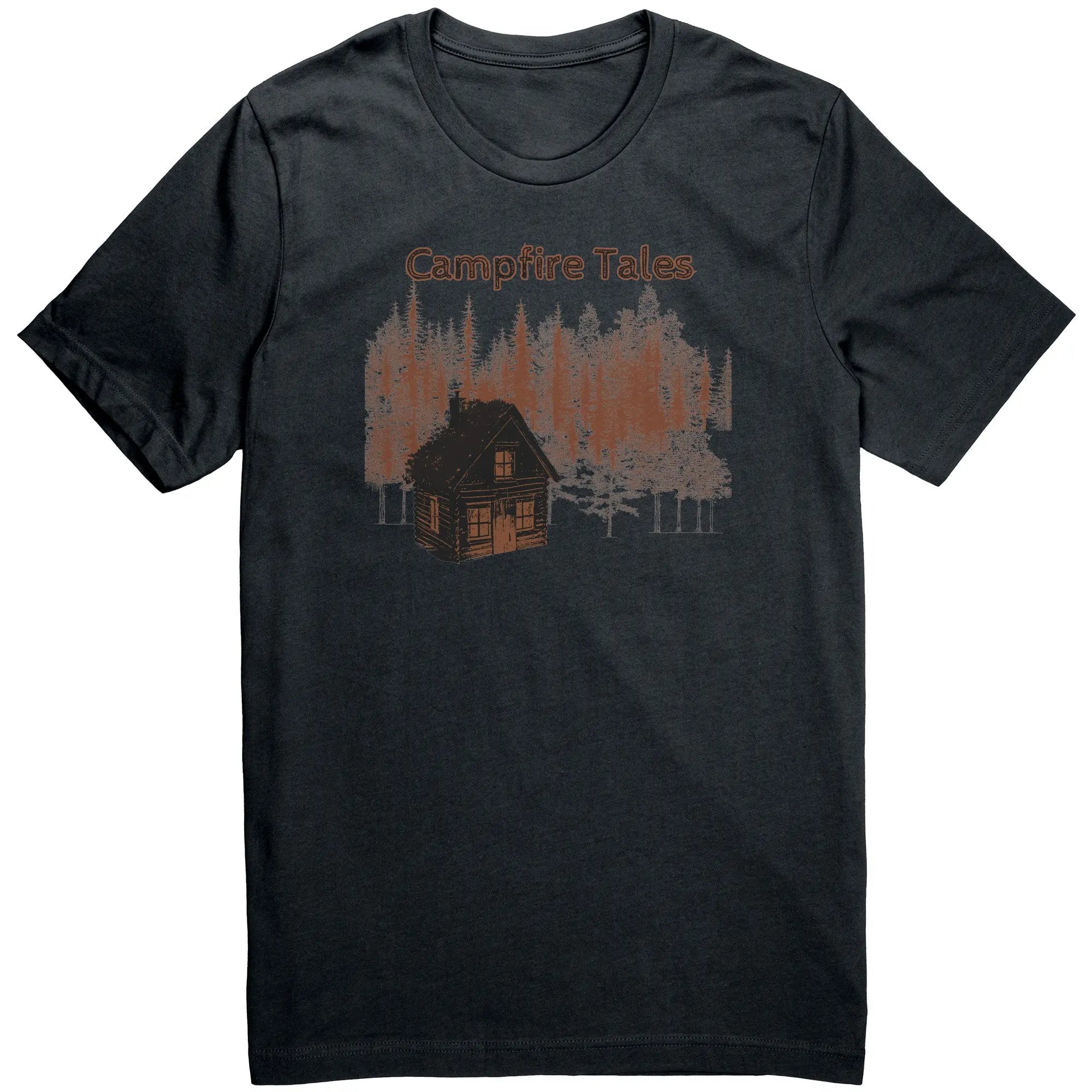 Unisex Cabin in the Woods T-Shirt in dark grey, sparking storytelling and mental health grit for Campfire Tales’ crew.