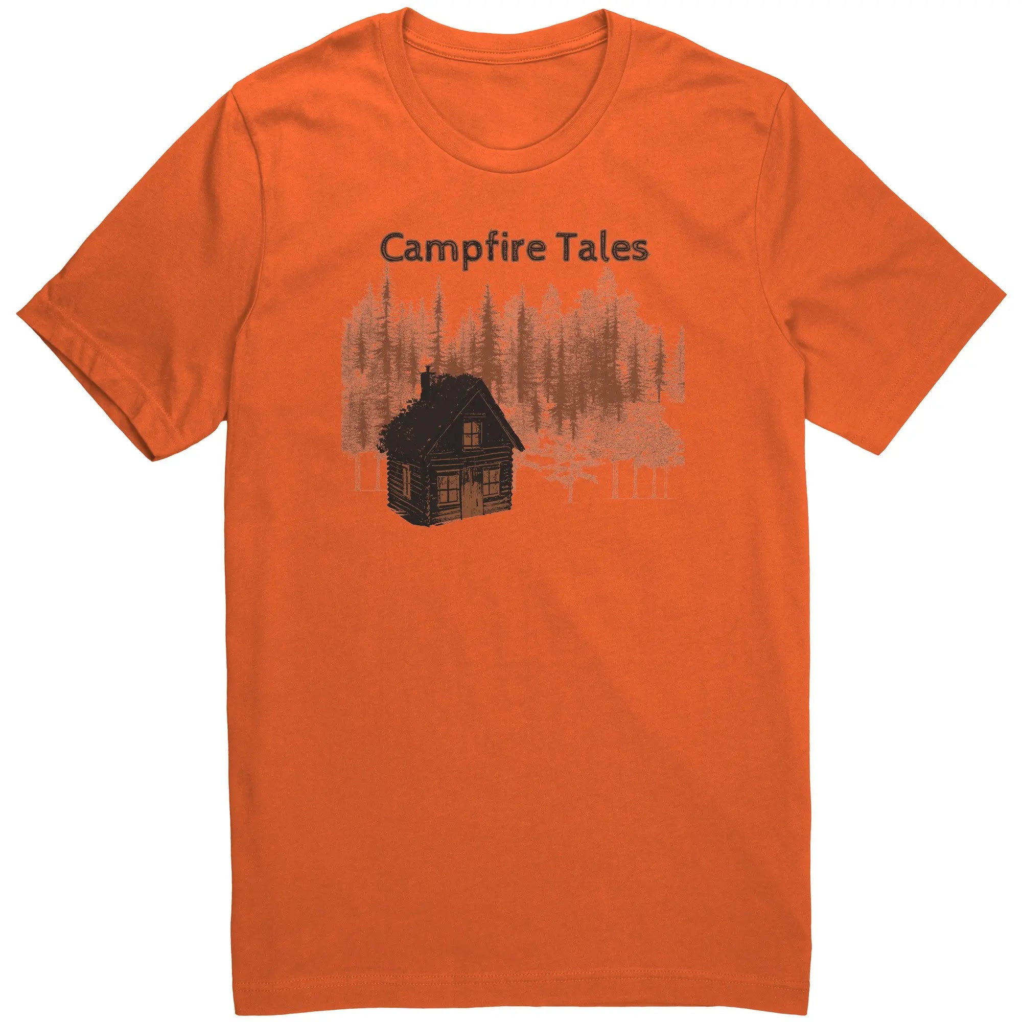 Unisex Cabin in the Woods T-Shirt in orange sparking storytelling and mental health grit for Campfire Tales’ crew.