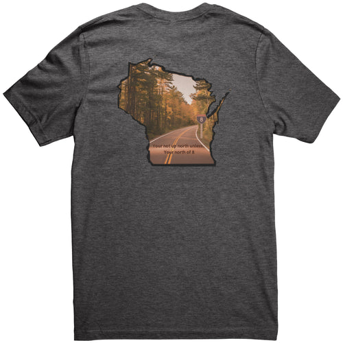 Canvas Northern Vibe Black graphite T-shirt with Wisconsin outline and ‘You’re not up north unless you’re north of 8’ text – soft cotton-poly blend, unisex retail fit, ideal for outdoor adventures or casual lounging