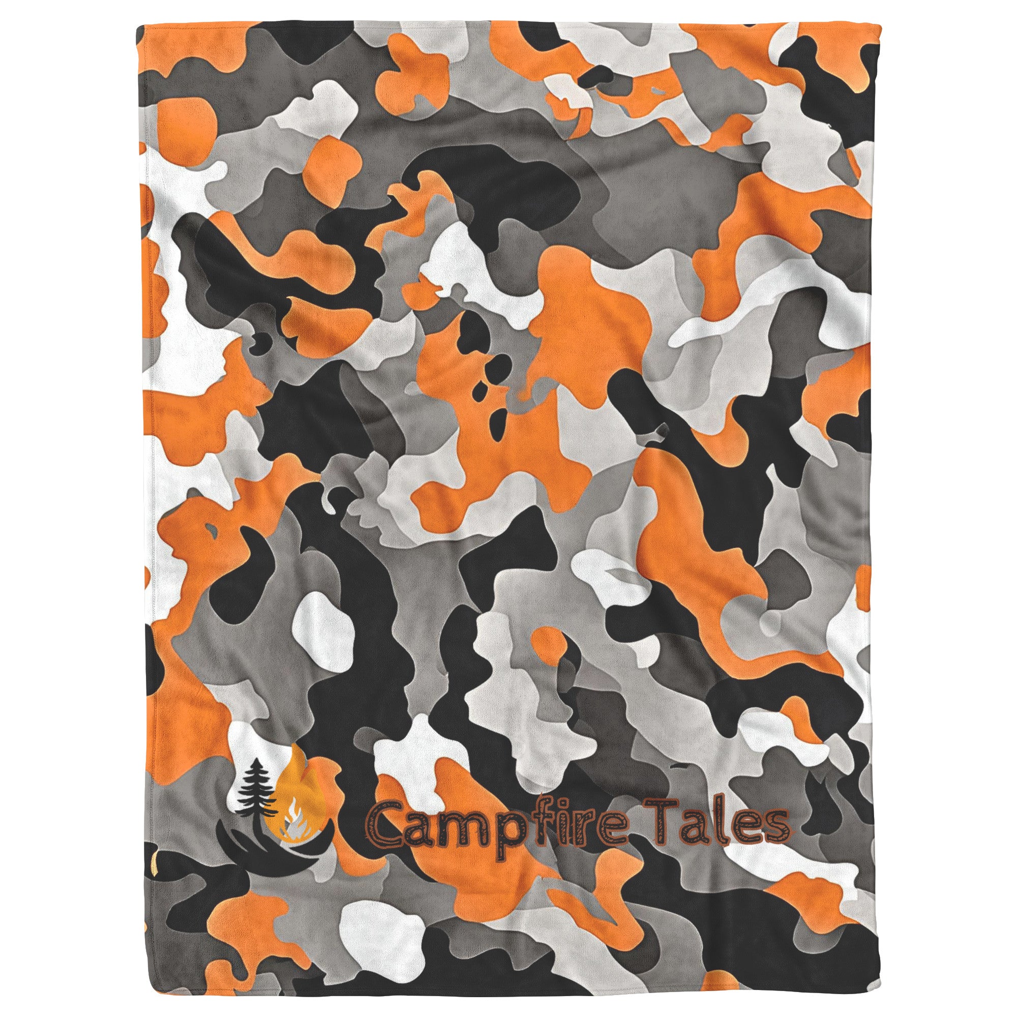 Cozy black, orange and white camo sherpa fleece blanket – semi-weighted for extra comfort and anxiety relief, perfect for cold nights or snuggling in.