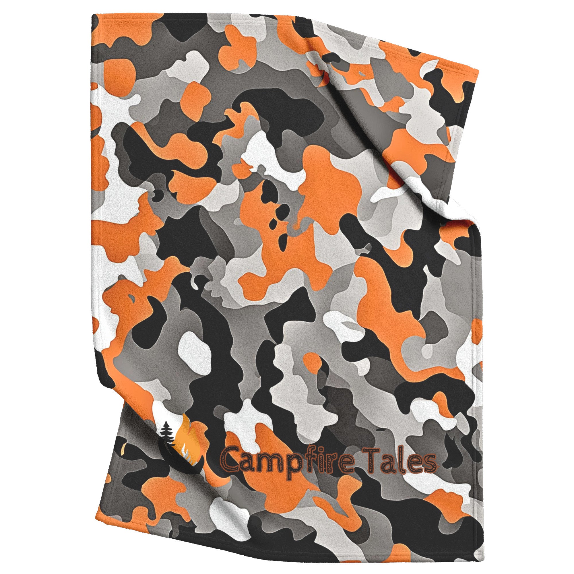 Cozy black, orange and white camo sherpa fleece blanket – semi-weighted for extra comfort and anxiety relief, perfect for cold nights or snuggling in. 