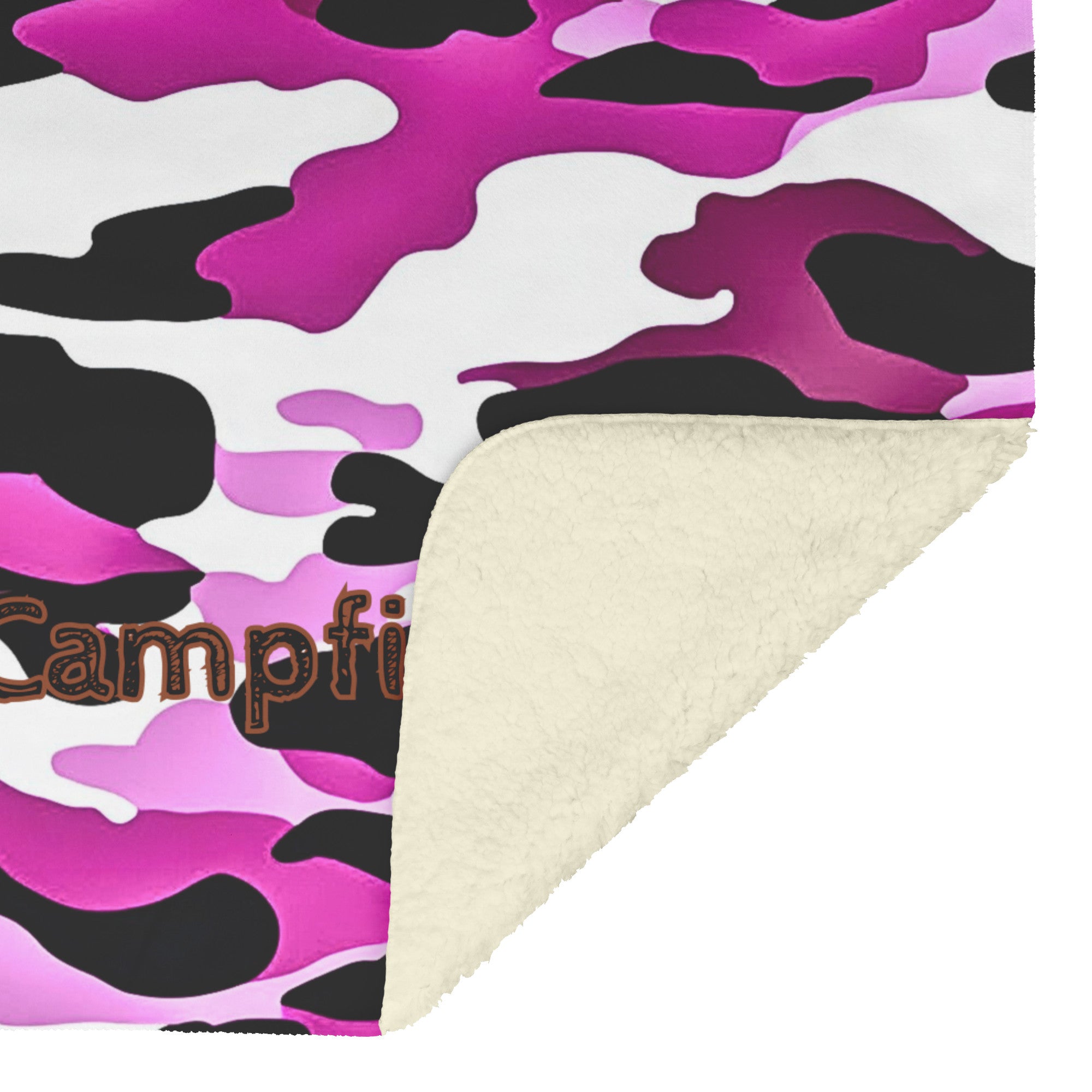 Cozy black, purple and white camo sherpa fleece blanket – semi-weighted for extra comfort and anxiety relief, perfect for cold nights or snuggling in. With corner flipped up showing the fleece side.