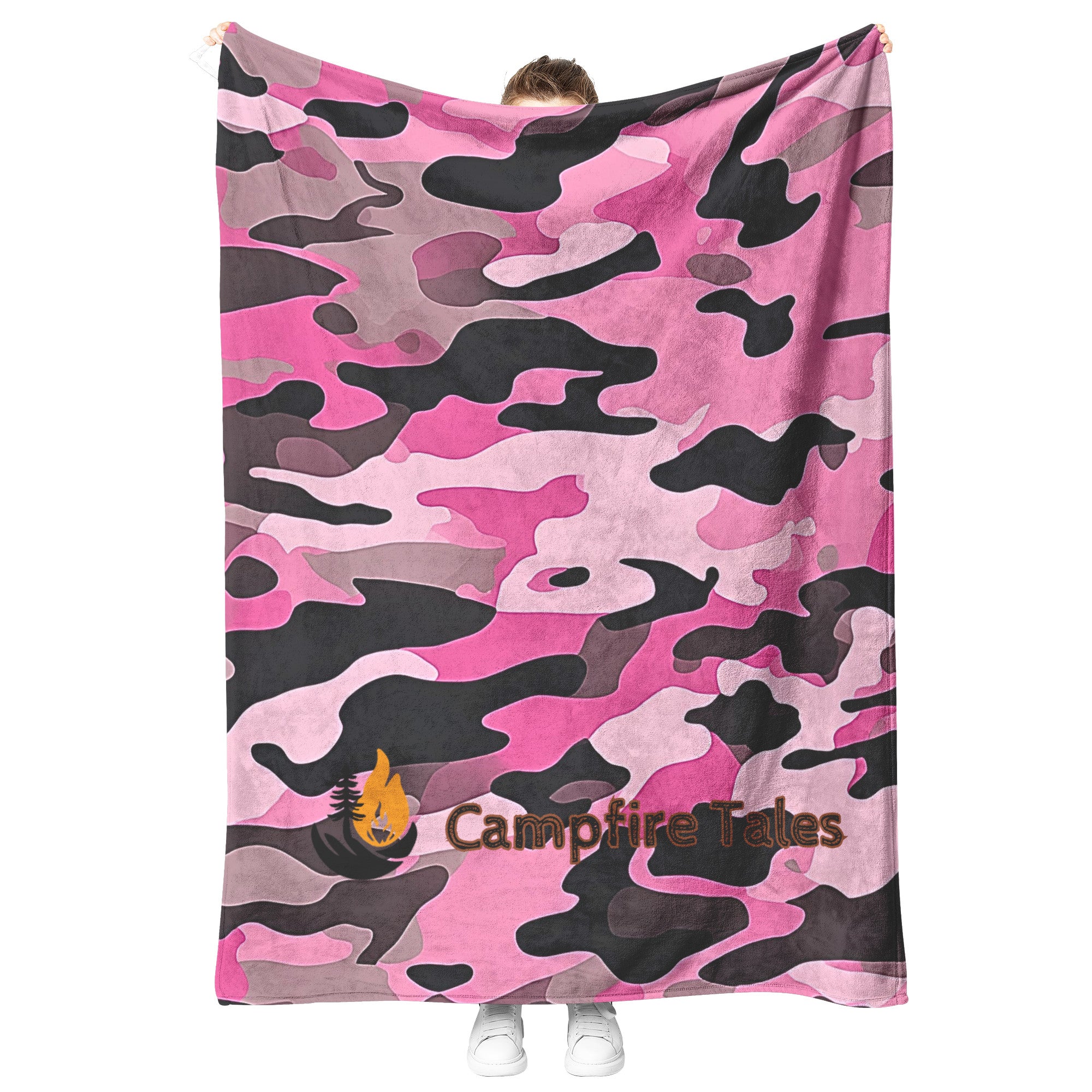 Cozy black, pink and white camo sherpa fleece blanket – semi-weighted for extra comfort and anxiety relief, perfect for cold nights or snuggling in.