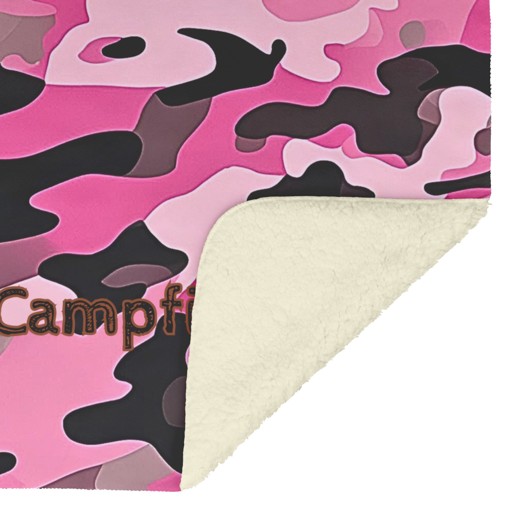 Cozy black, pink and white camo sherpa fleece blanket – semi-weighted for extra comfort and anxiety relief, perfect for cold nights or snuggling in. With corner flipped up showing the fleece side.