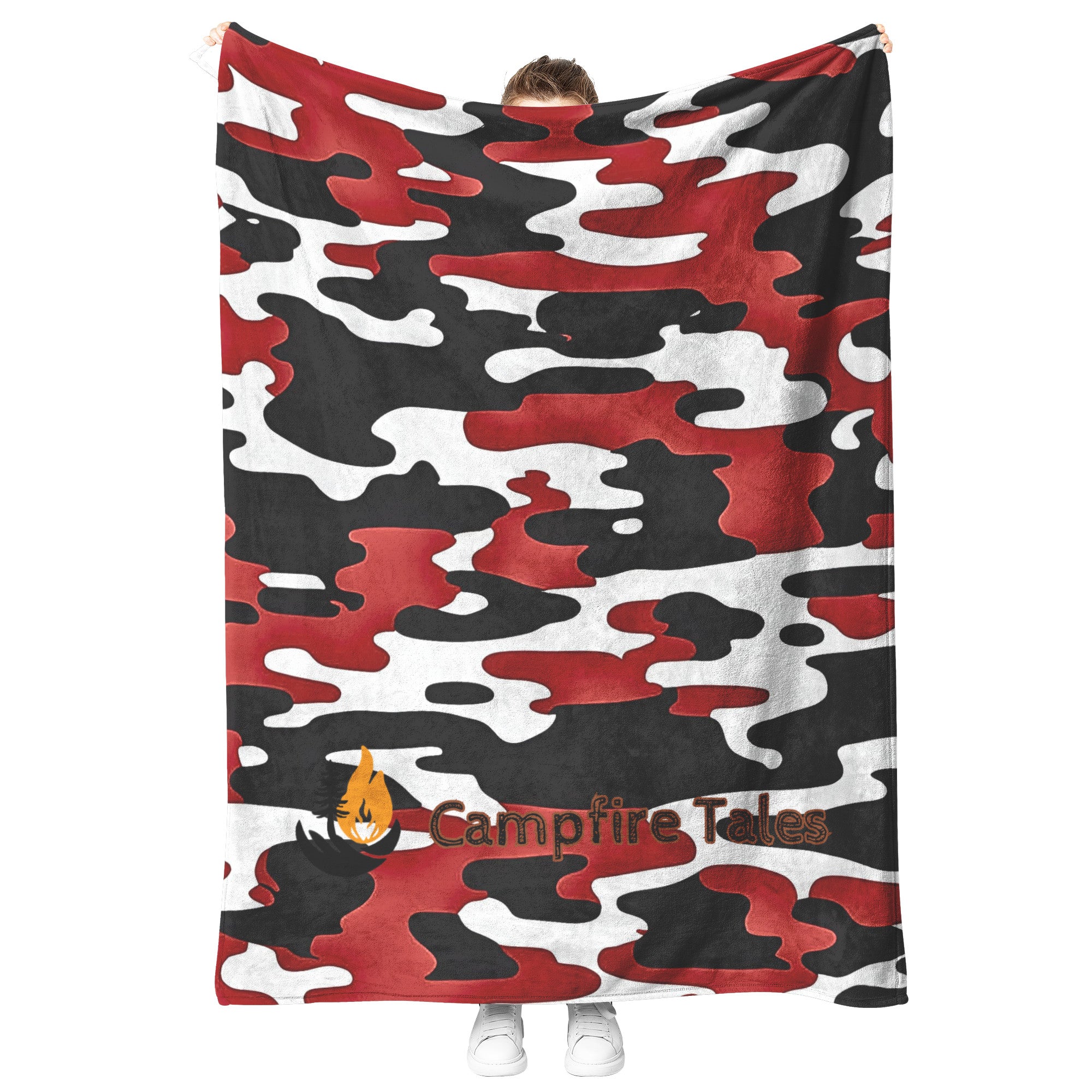 Cozy black, red and white camo sherpa fleece blanket – semi-weighted for extra comfort and anxiety relief, perfect for cold nights or snuggling in.