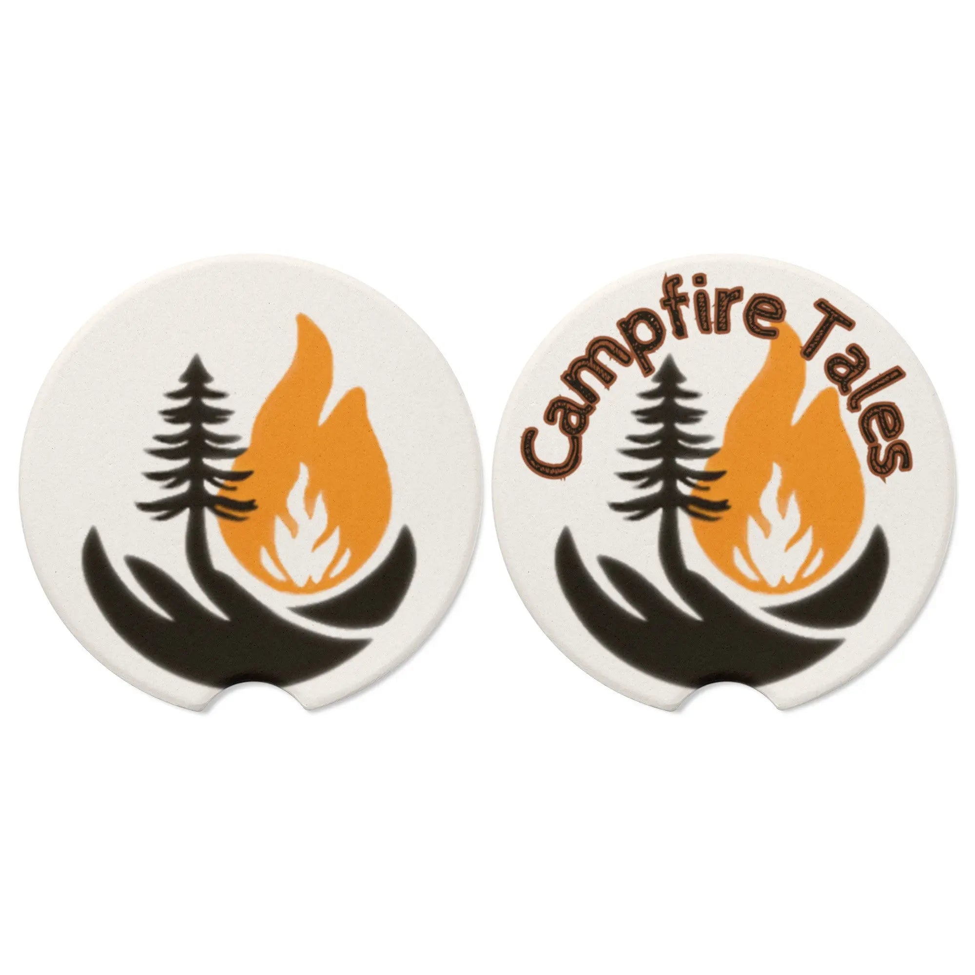 Campfire Tales logo close-up on Soapstone Resilience Car Coasters, igniting storytelling and mental health strength.