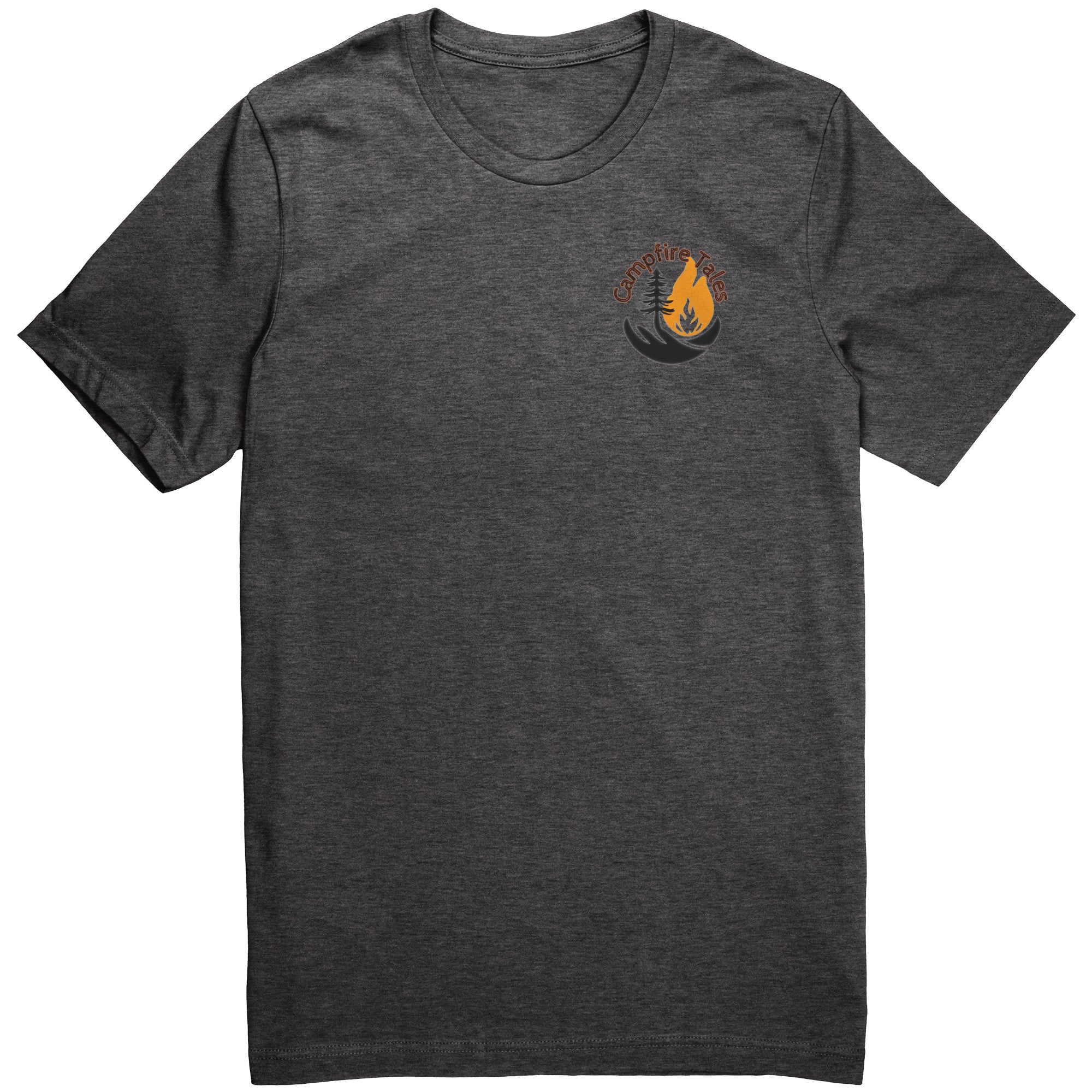 The Canvas: What happens up north stays up north unisex T-shirt by campfiretales features lightweight comfort in dark gray with a small logo on the left chest, showcasing an orange and black flame above a crescent and the words Campfire loves, embodying a Northern Vibe.