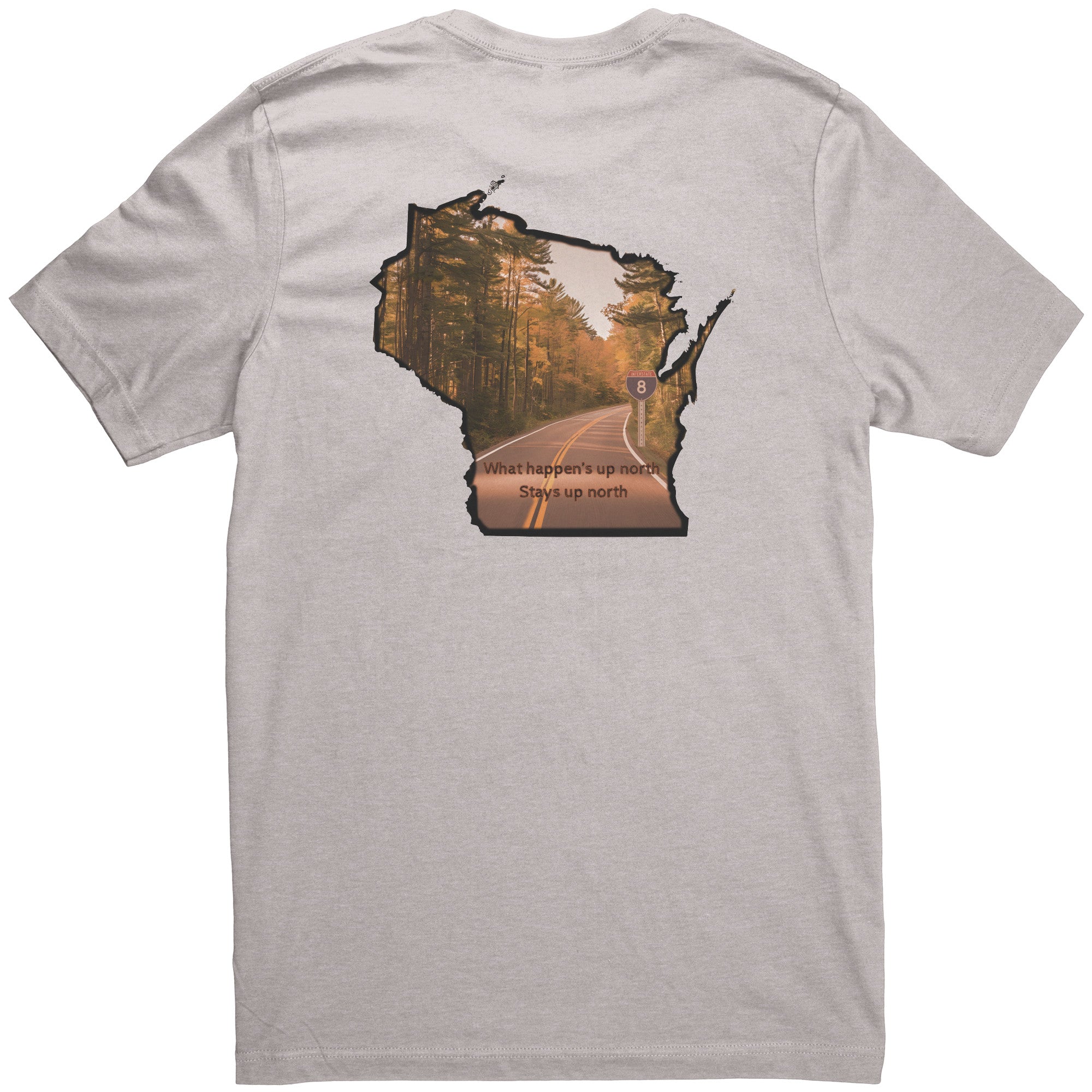 Enjoy the lightweight comfort of campfiretales unisex gray T-shirt, featuring a Wisconsin outline filled with a scenic autumn road. Embrace the Northern Vibe with What happens up north, stays up north text from the Canvas collection.