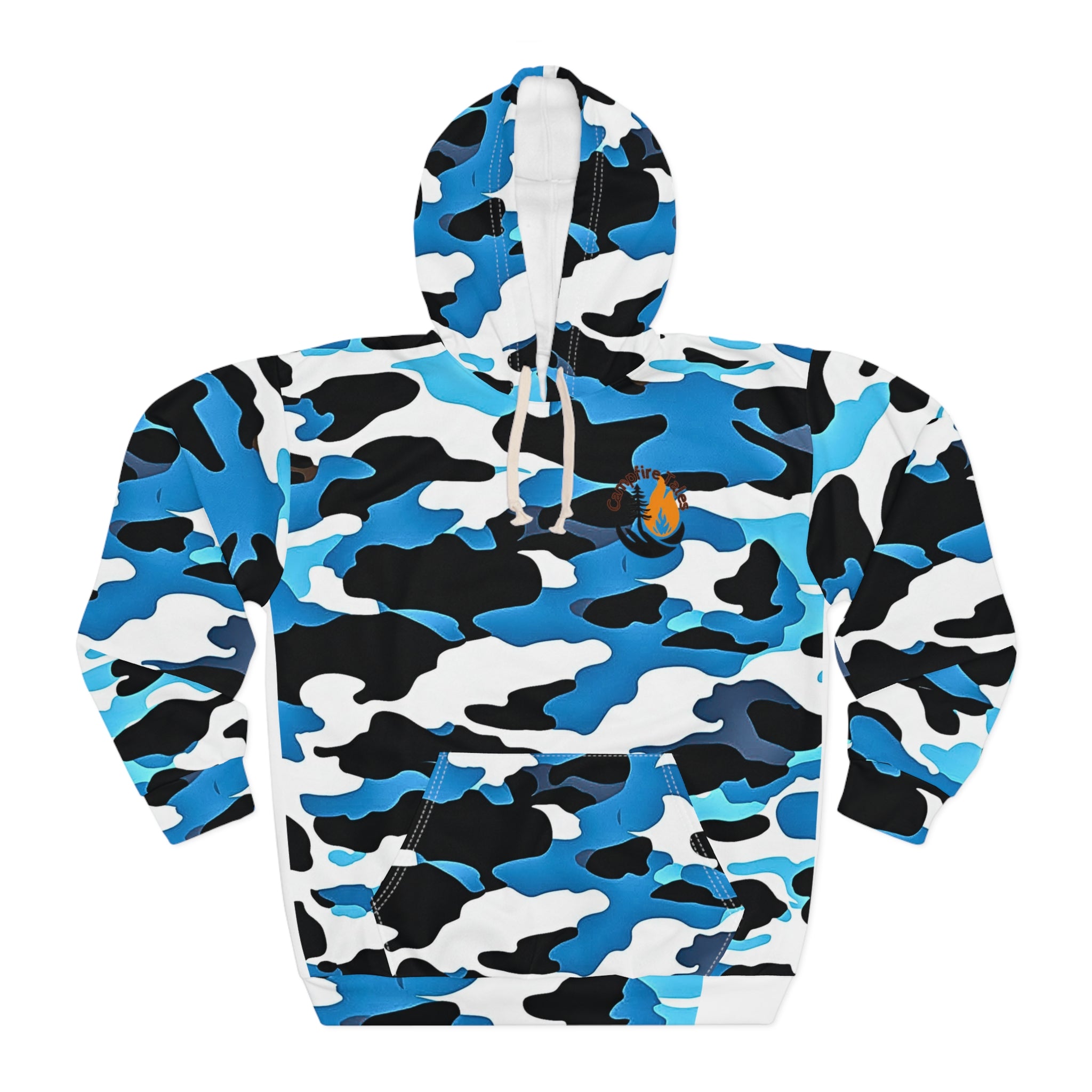 The Unisex Blue Camo Resilience Hoodie by Printify is crafted from polyester, featuring a blue, black, and white camo pattern. It includes a kangaroo pocket, drawstrings, and a colorful lobster logo on the left chest. Its seamless design offers comfort and style in every wear.