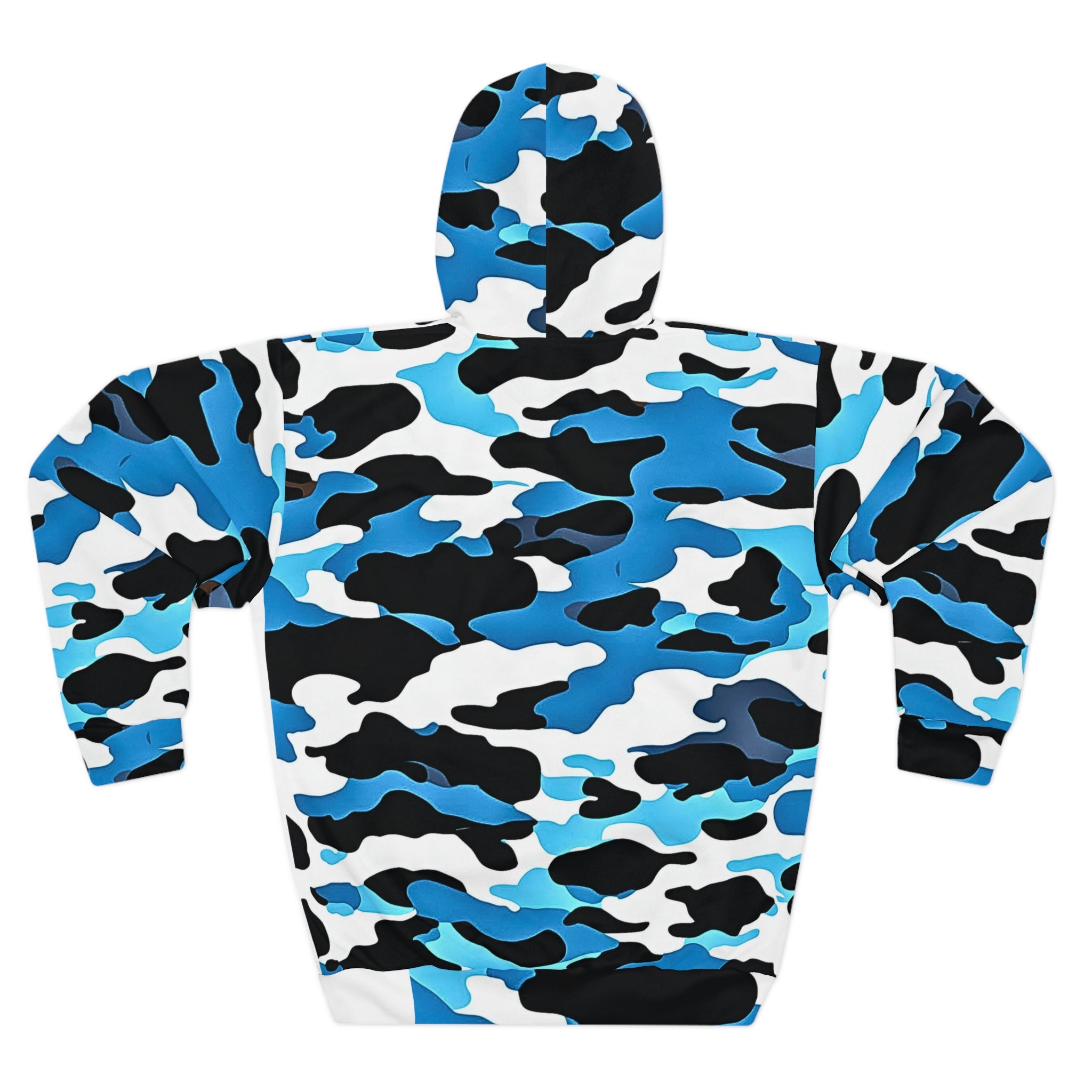 The Unisex Blue Camo Resilience Hoodie by Printify features a seamless design, offering comfort and style with its blue, black, white, and gray camouflage pattern displayed from the back.