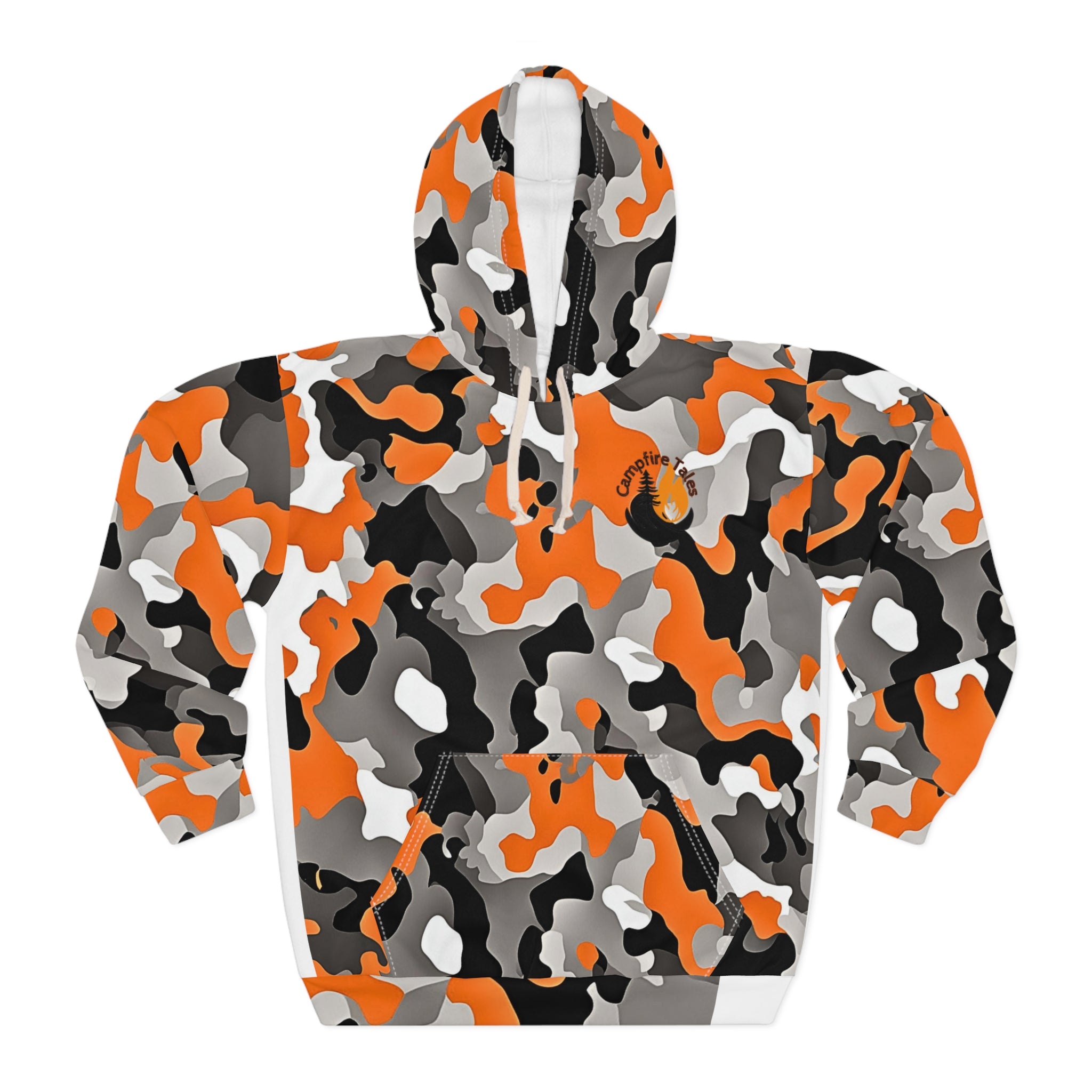 Unisex Orange Camo Storytelling Hoodie front view for Campfire Tales’ gritty narration and mental health wins