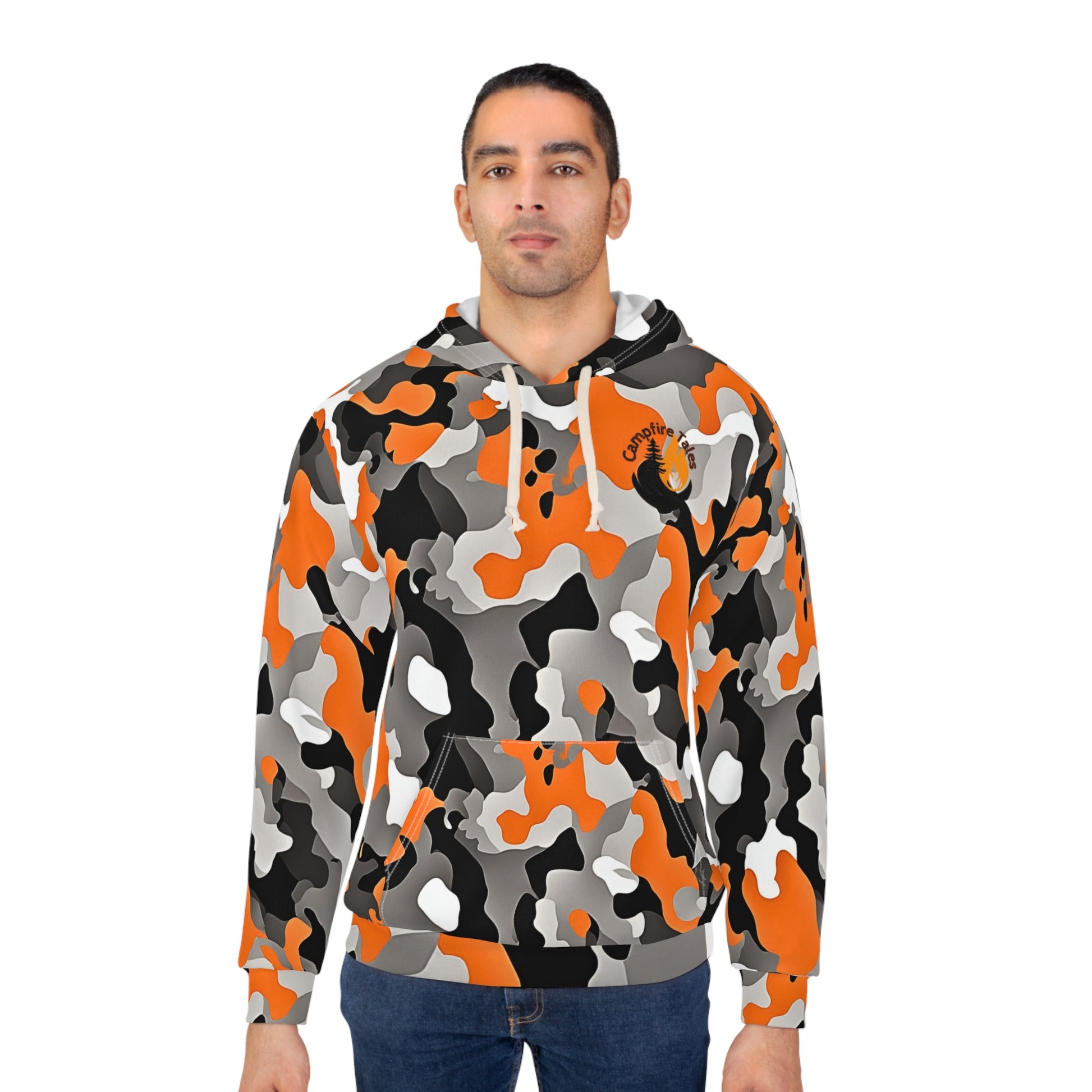 Man in Unisex Orange Camo Storytelling Hoodie vibing with Campfire Tales’ raw stories and resilience grit.