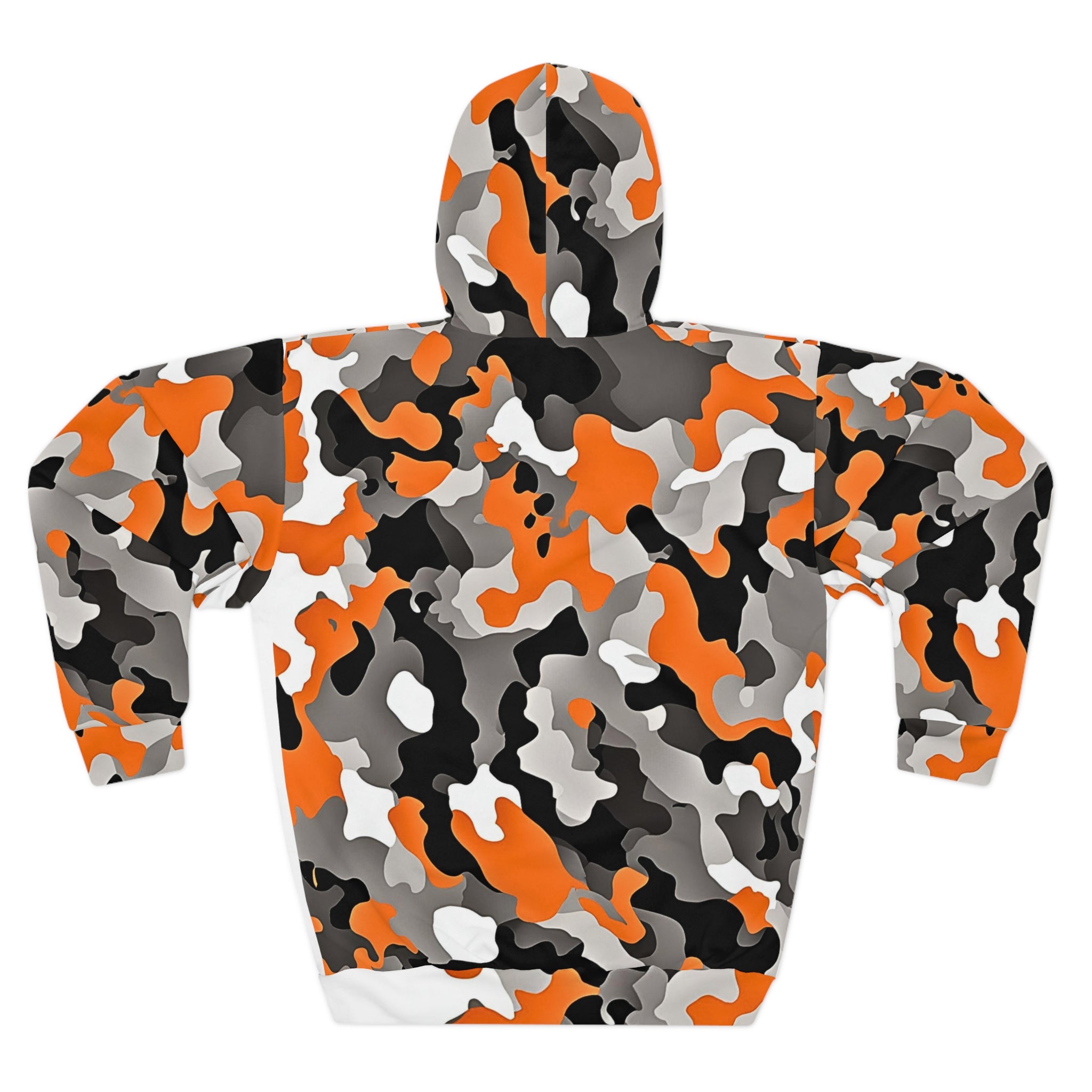 Unisex Orange Camo Storytelling Hoodie rear view igniting Campfire Tales’ mental health and storytelling crew.
