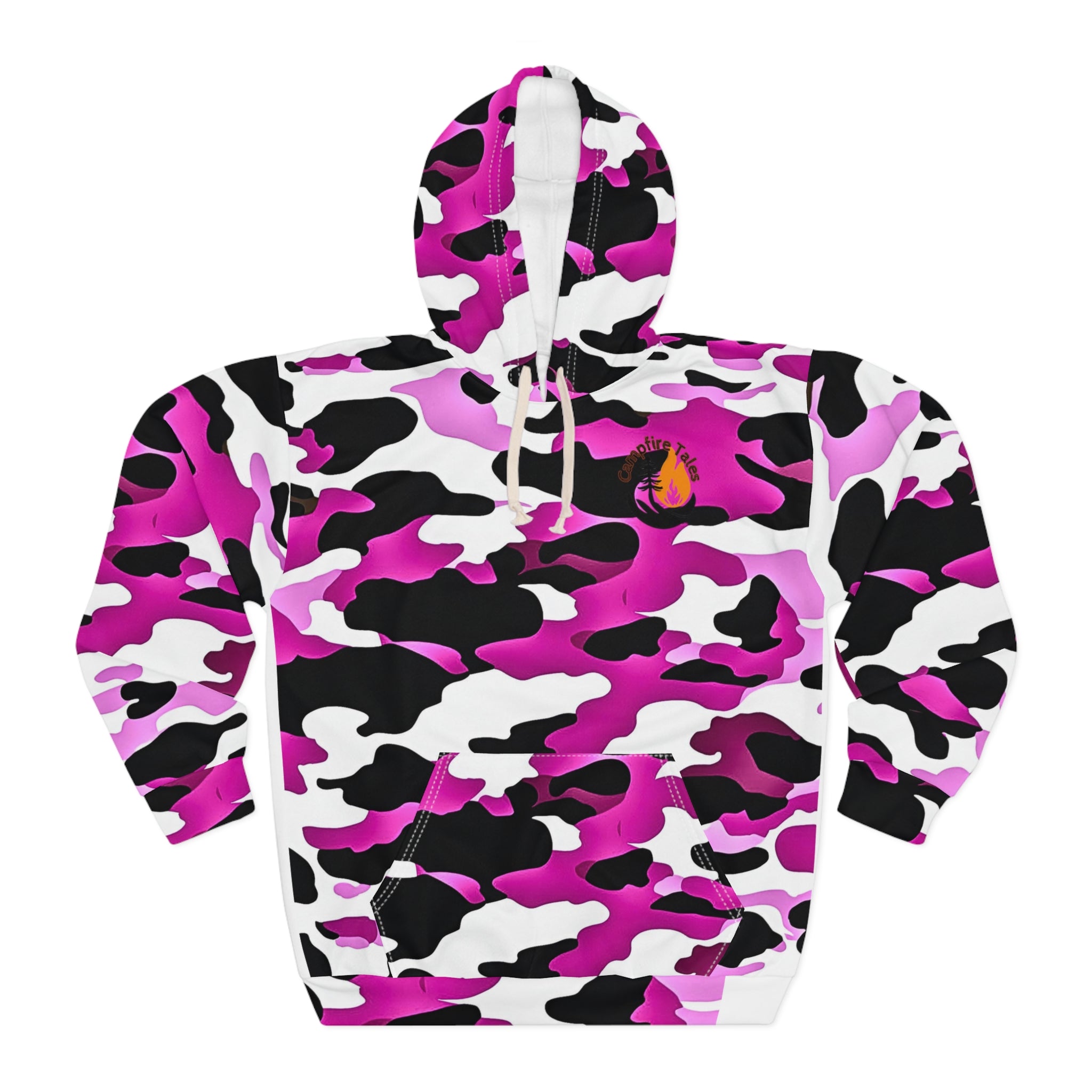 Unisex Purple Camo Grit Hoodie front view for Campfire Tales’ raw storytelling and mental health crew.