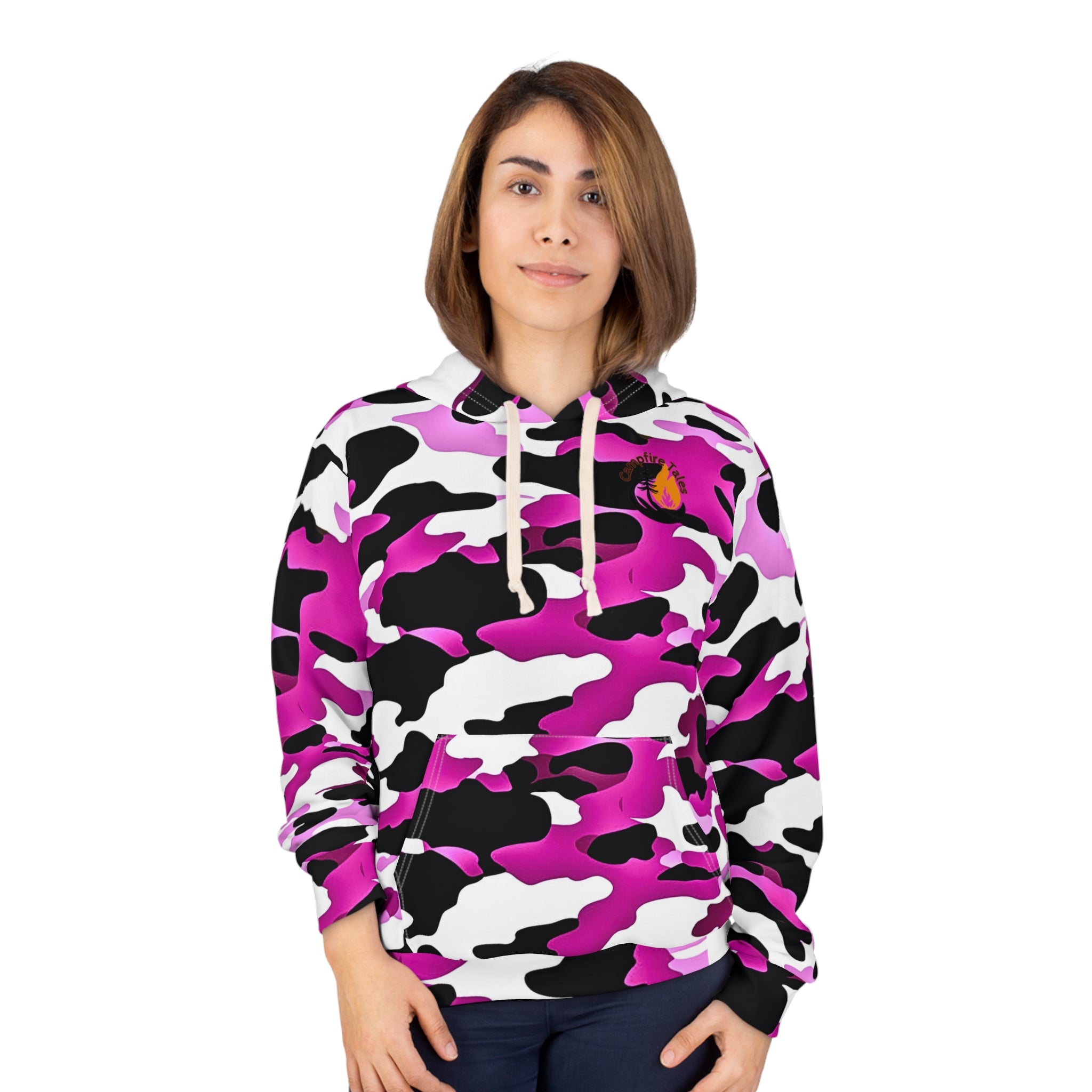 Woman in Unisex Purple Camo Grit Hoodie vibing with Campfire Tales’ mental health and story crew.