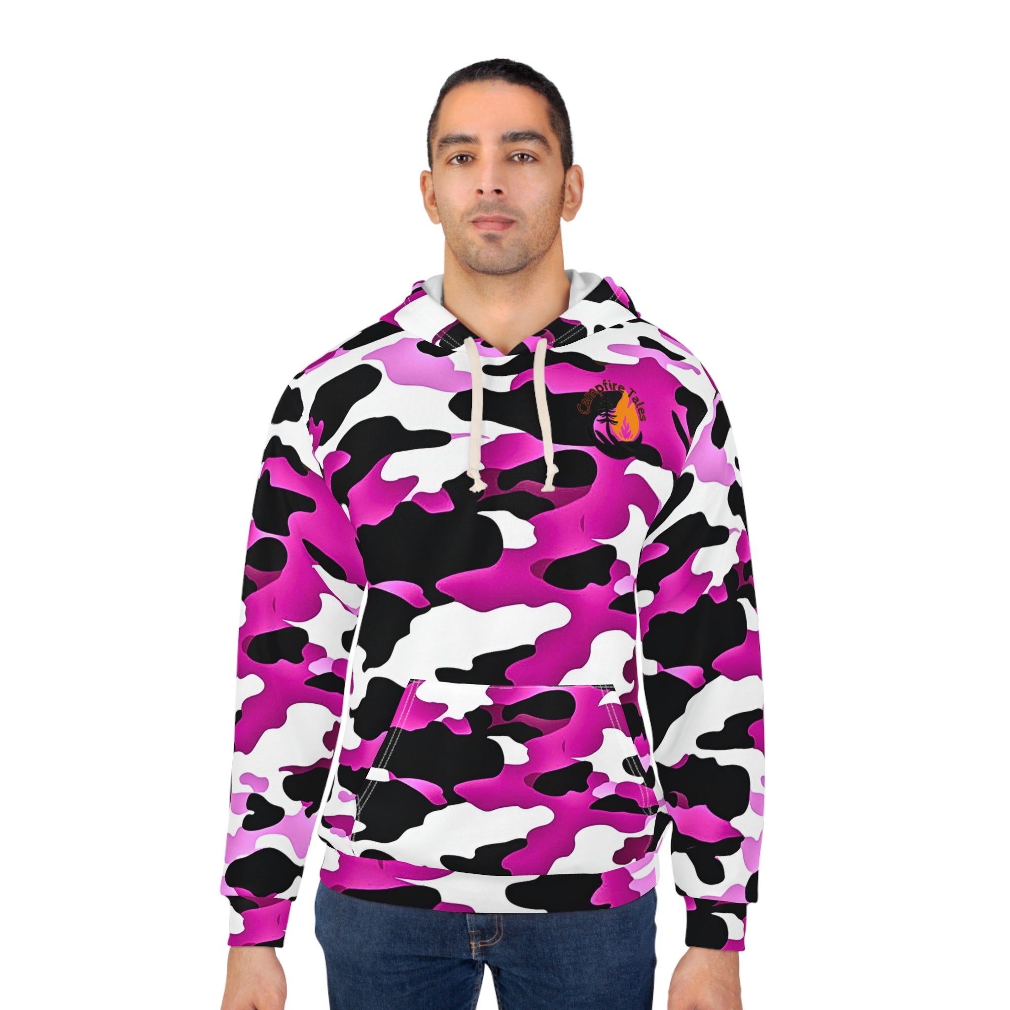 Man in Unisex Purple Camo Grit Hoodie sparking Campfire Tales’ narration and resilience vibes.