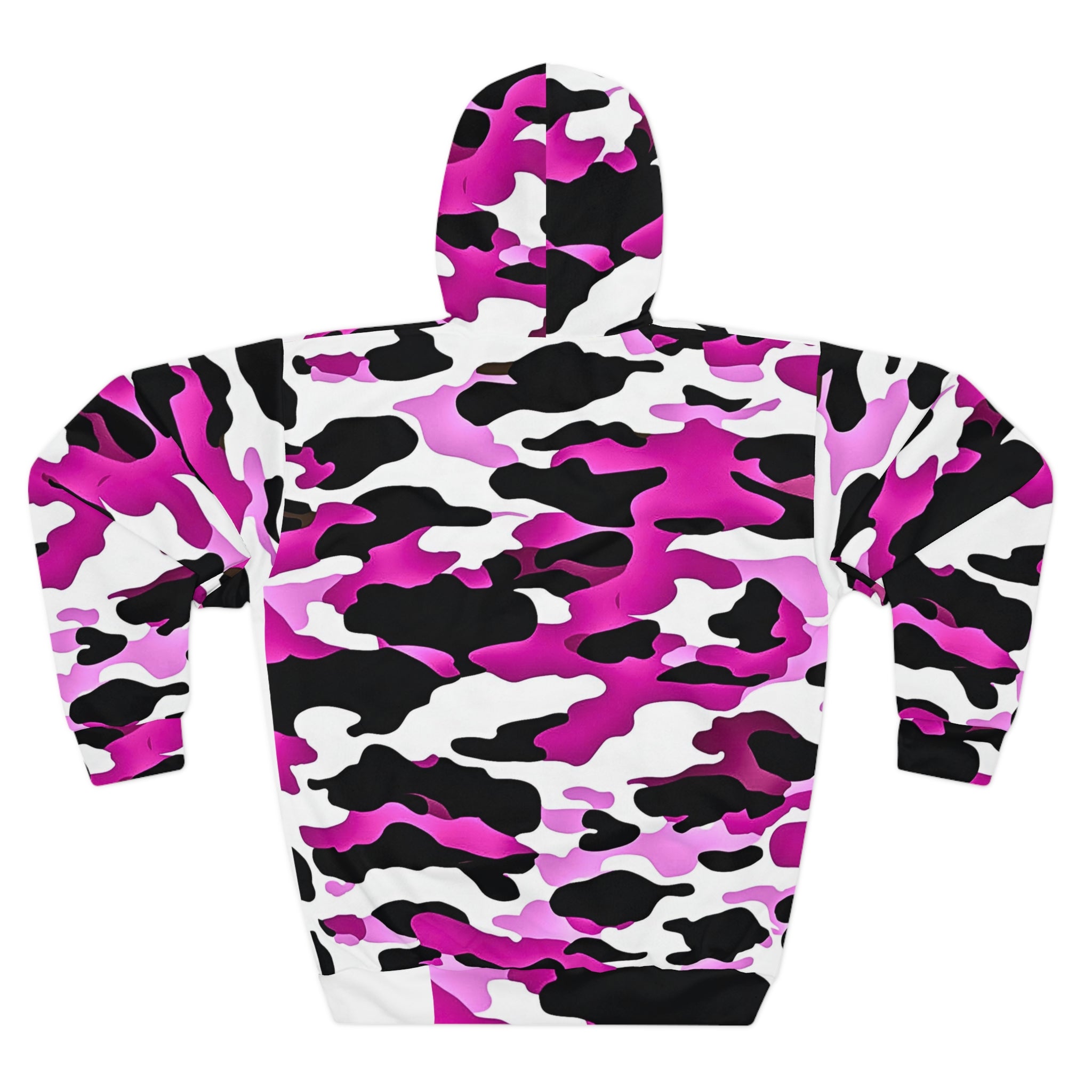 Unisex Purple Camo Grit Hoodie rear view igniting Campfire Tales’ gritty narration and resilience spirit.