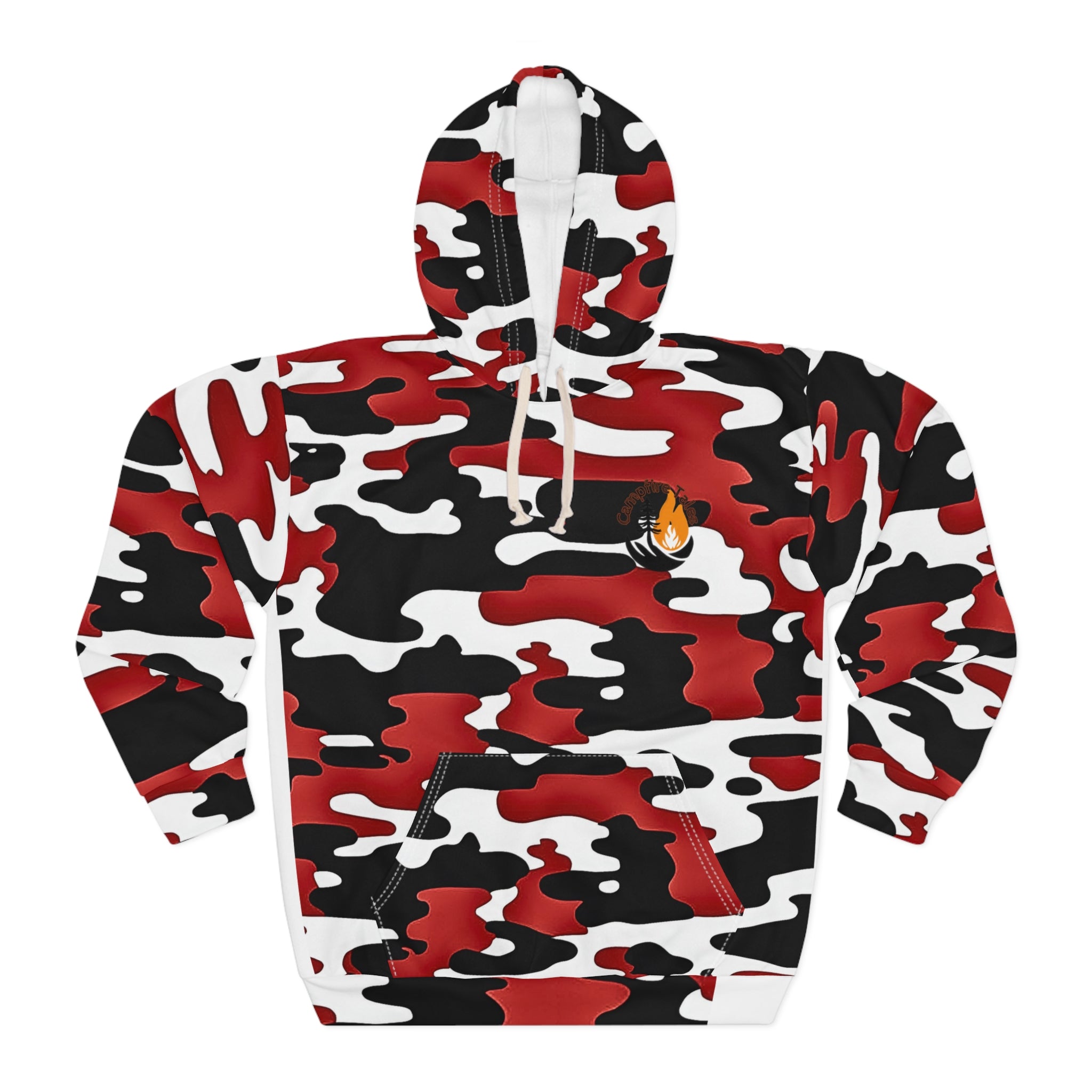 Unisex Red Camo Resilience Hoodie front view for Campfire Tales’ raw narration and resilience crew.