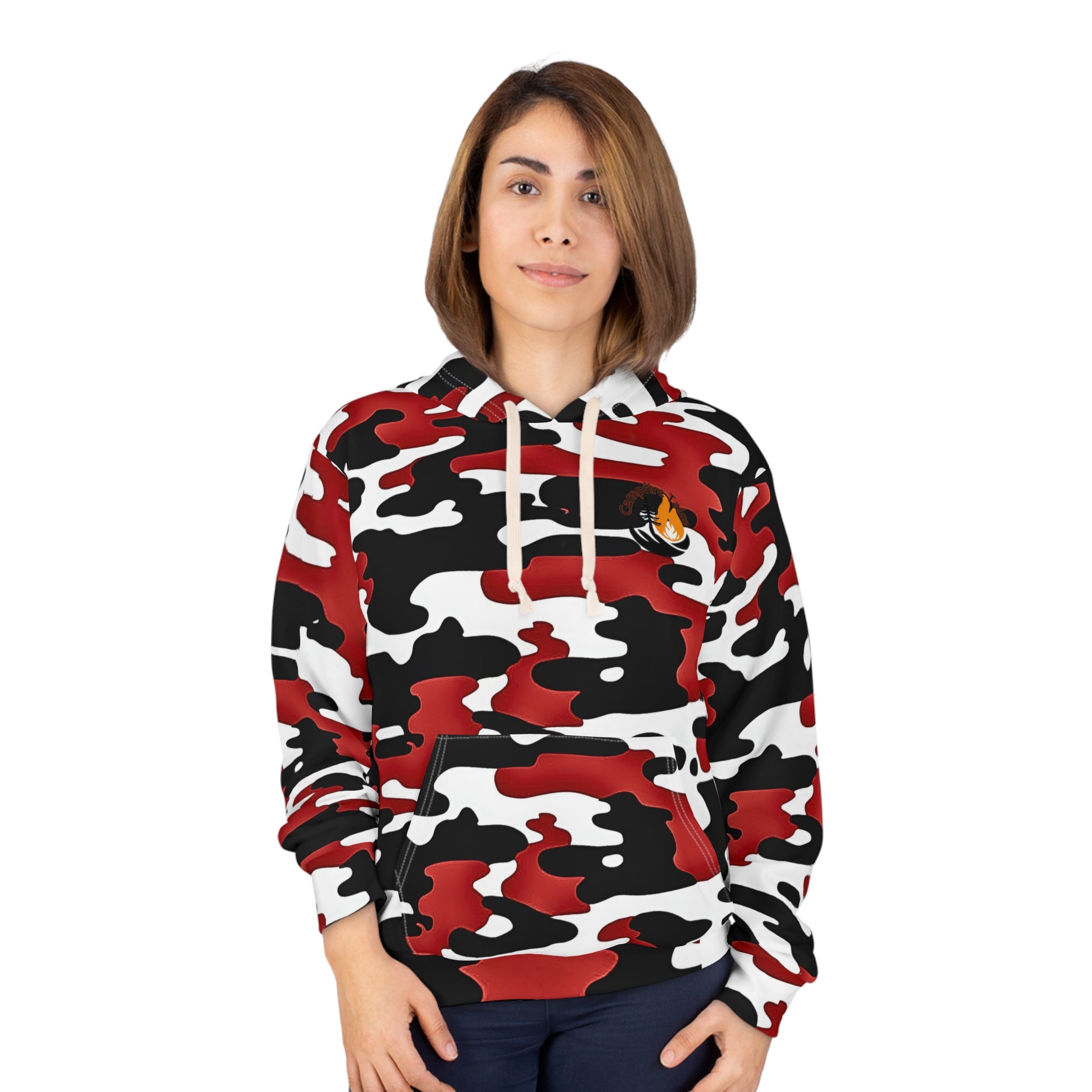 Woman in Unisex Red Camo Resilience Hoodie sparking Campfire Tales’ storytelling and mental health fire.