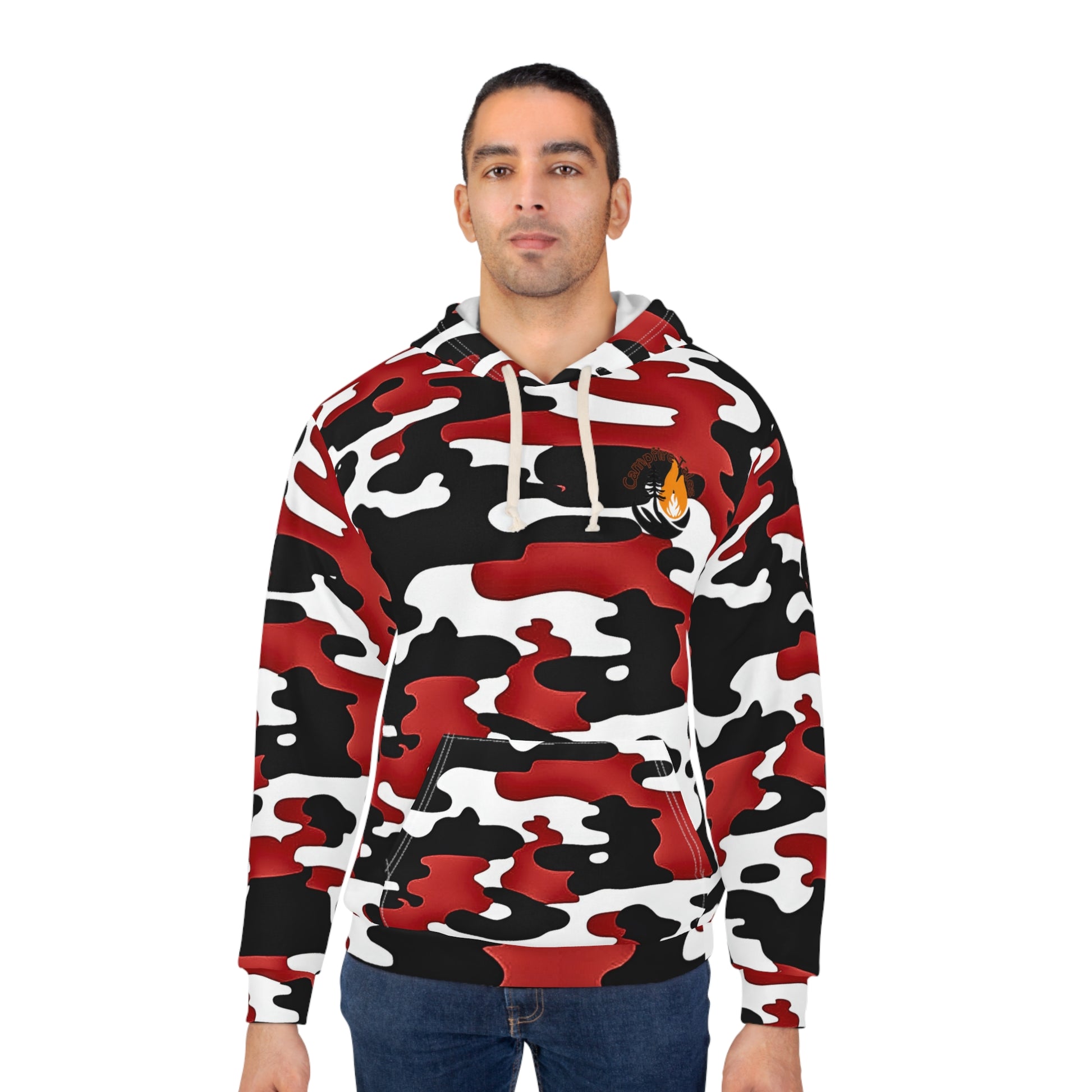 Man in Unisex Red Camo Resilience Hoodie vibing with Campfire Tales’ gritty tales and mental health grit.