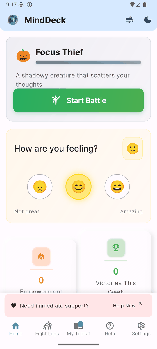 MindDeck on a phone: the home screen with today's mood check-in