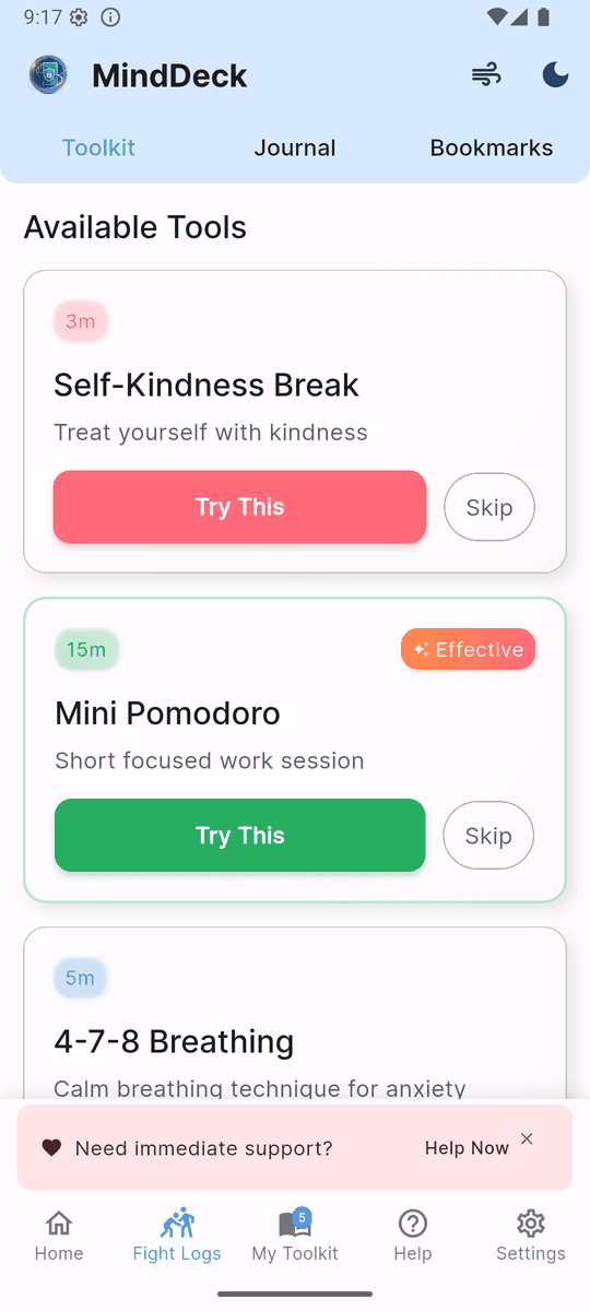 MindDeck on a phone: a wellness tool in use